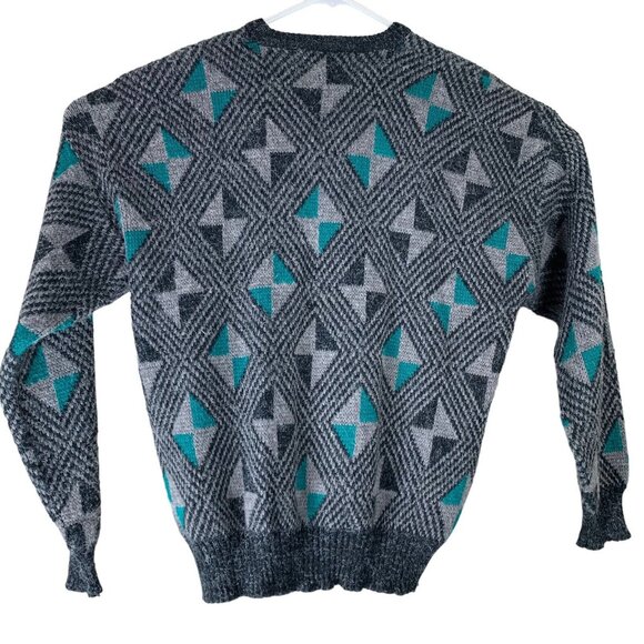 Vintage Sweater Expressions Size Large Fuzzy Argyle Print Black Teal - Picture 2 of 5